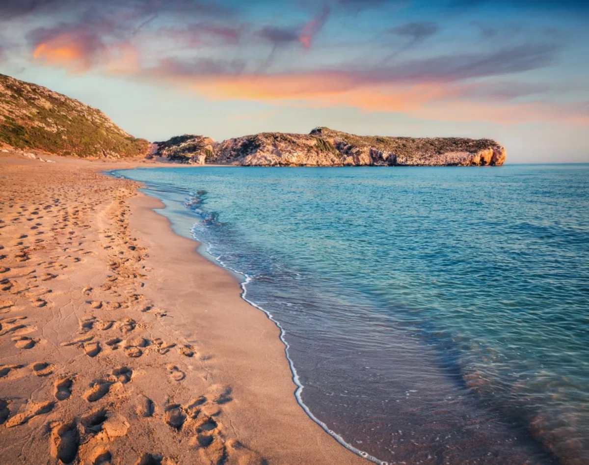 Patara beach and turquoise cove at golden hour